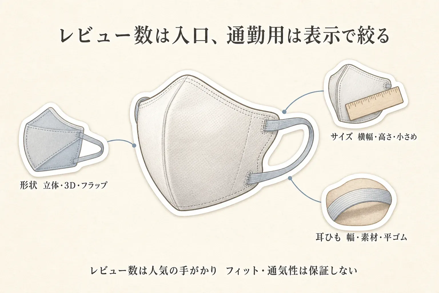 立体不織布マスクを通勤用に選ぶ際の確認項目を示す図。形状は立体・3D・フラップ、サイズは横幅・高さ・小さめの表記、耳ひもは幅・素材・平ゴムを確認し、レビュー数は人気の手がかりでフィットや通気性を保証しないことを示す。