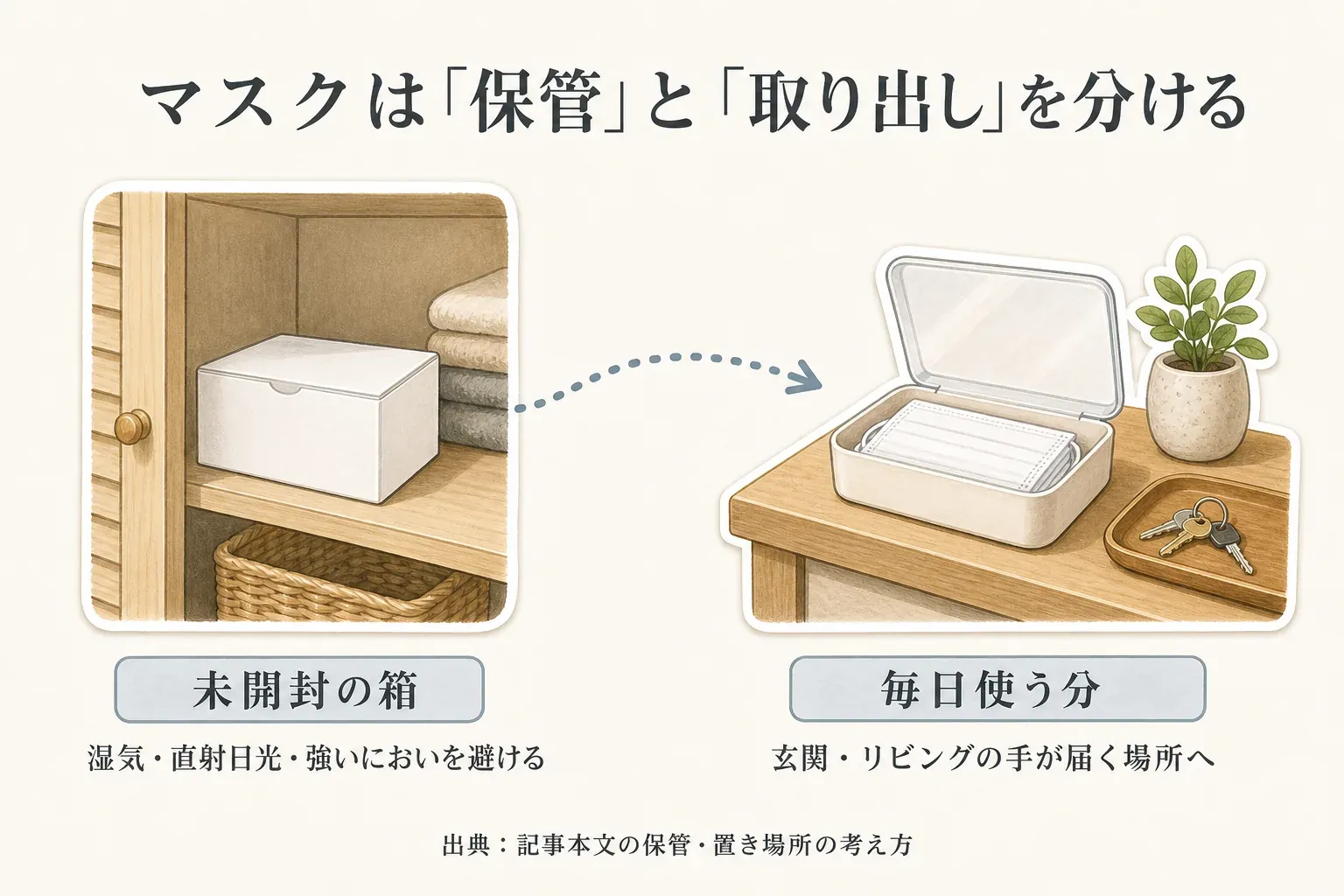 未開封のマスク箱は湿気・直射日光・強いにおいを避けたクローゼットや収納棚に置き、近いうちに使う分は玄関やリビングの蓋付きケースに分けて、外出前に取り出しやすくする保管と取り出しの使い分けを示す図。出典：記事本文「未開封のマスク箱は、どこに置くと見直しやすい？」