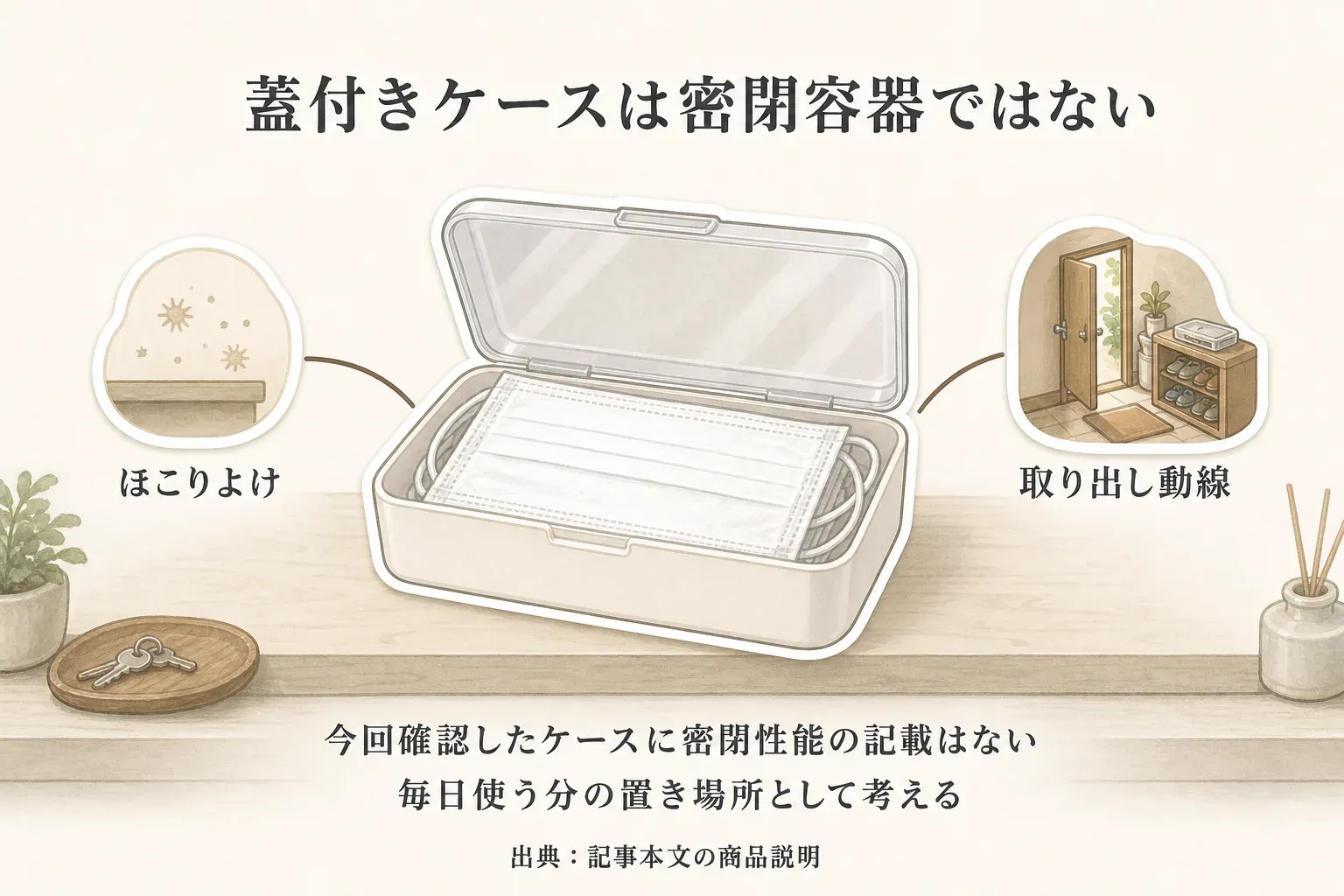蓋付きマスク収納ケースはほこりよけと日常分の取り出しに使い、湿気やにおいを完全に遮断する密閉容器としては扱わないことを示す図。未開封箱は乾いた場所に保管し、ケースは玄関やリビングで使う分に分ける。出典：記事本文「未開封のマスク箱は、どこに置くと見直しやすい？」
