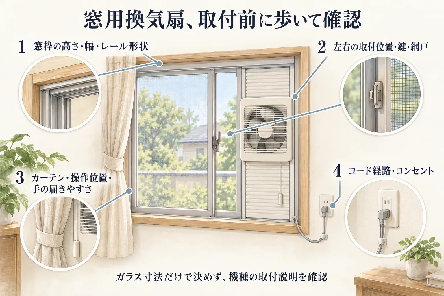 窓用換気扇の取り付け前に、1. 窓枠の高さ・幅・レール形状、2. 左右の取付位置・鍵・網戸、3. カーテン・操作位置・手の届きやすさ、4. コード経路・コンセントを順に確認する図。ガラス寸法だけで決めず、機種の取付説明を確認するよう示している。出典：記事本文、日本キヤリアの窓用換気扇案内