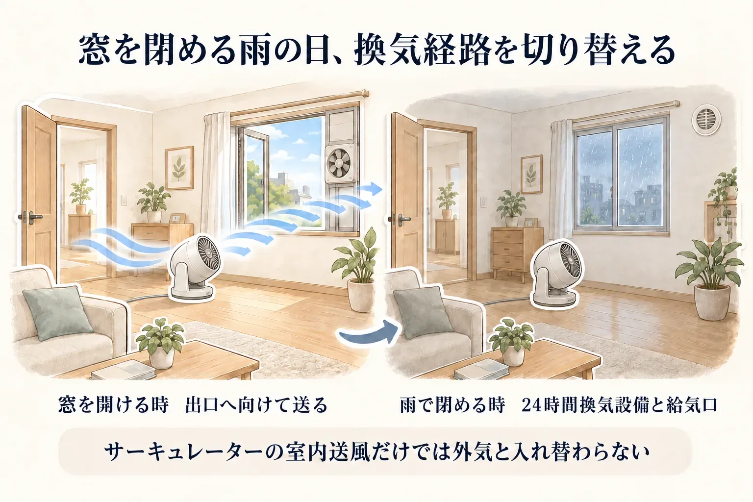 窓を開けられる日はドアから窓の出口へ向けて空気を送り、雨で窓を閉める日は既存の24時間換気設備と給気口を使う、二つの換気経路を左右で比較した図。サーキュレーターの室内送風だけでは外気と入れ替わらないことを示している。出典：記事本文、厚生労働省の家庭での換気の解説、国土交通省の健康住宅の解説