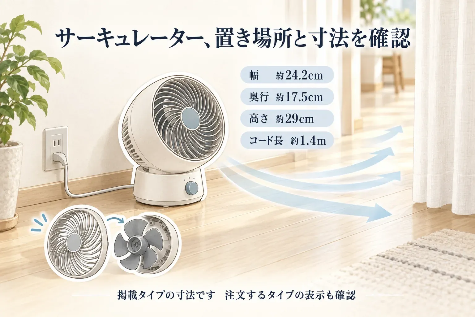 サーキュレーターの置き場所と、掲載ノーマルタイプの幅約24.2cm・奥行約17.5cm・高さ約29cm・コード長約1.4mを示す図。床のコード経路、カーテンを避ける風の通り道、手入れのために取り外せるパーツを描き、注文するタイプの寸法表示も確認するよう案内している。出典：記事本文の楽天市場商品説明