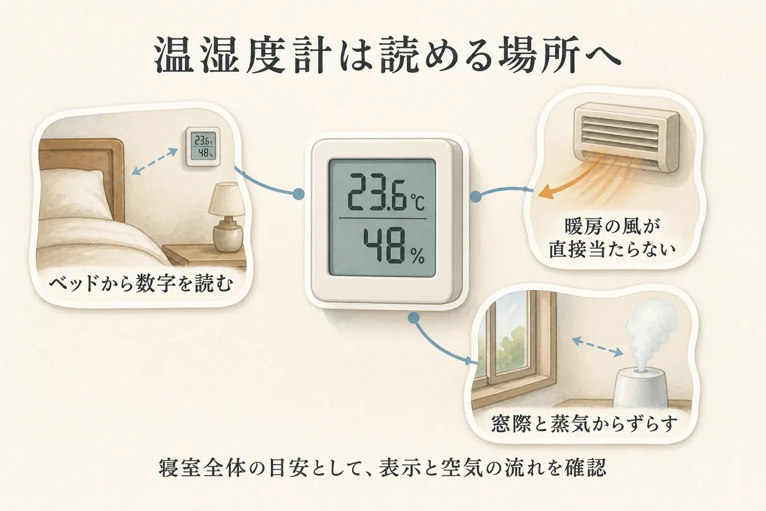 寝室の温湿度計の壁掛け位置を示す図。ベッドから数字を読める位置に置き、暖房の風が直接当たる場所、窓際、加湿器の蒸気が届く場所からずらして、寝室全体の目安として表示と空気の流れを確認することを示している。