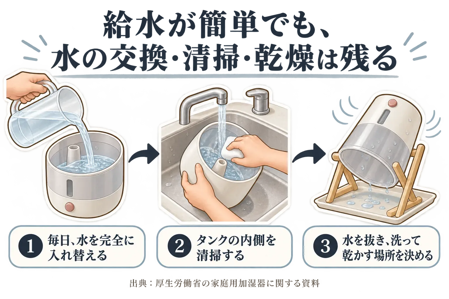 家庭用加湿器の毎日の水の手入れを示す図。1としてタンクの水を毎日完全に入れ替え、2としてタンク内側を清掃し、3として水を抜いて洗い、乾かす場所を決める流れを示す。出典：厚生労働省の家庭用加湿器に関する資料。