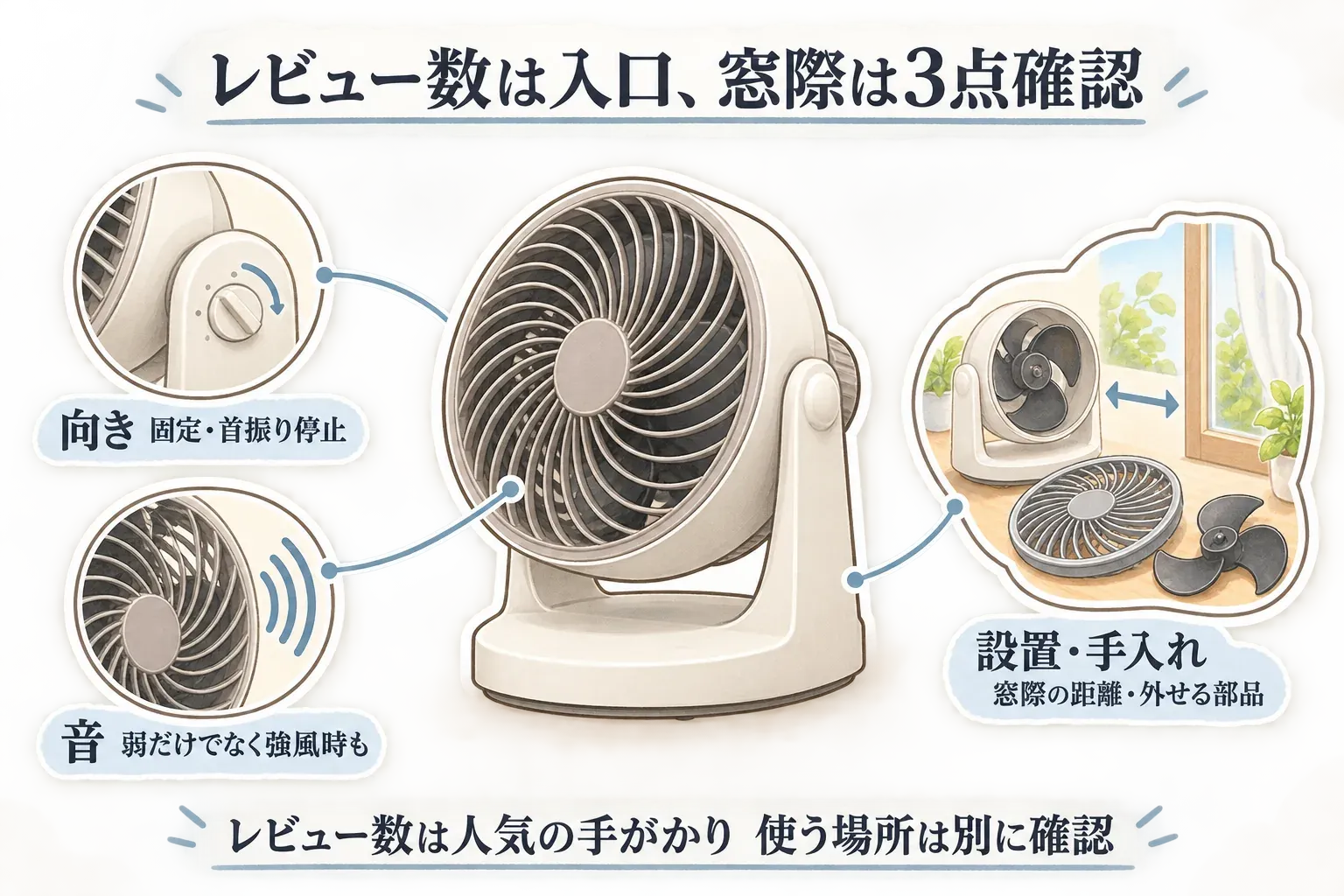 レビュー数を入口に、窓際では3点を確認する図。サーキュレーターの向きを固定して首振りを停止できるか、弱運転だけでなく強風時の音も確認すること、窓際との距離と取り外せる部品を確認して設置・手入れすることを示している。