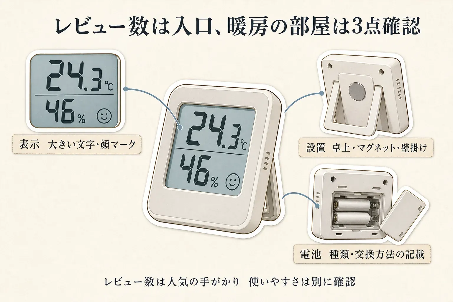暖房を使う部屋で温湿度計を選ぶ際の3点を示す図。大きな文字と顔マークで表示を確認し、卓上・マグネット・壁掛けの設置方法を確認し、電池の種類と交換方法の記載を確認するよう案内している。レビュー数は人気の手がかりであり、使いやすさは別に確認すると示す。出典：記事本文「先に結論」