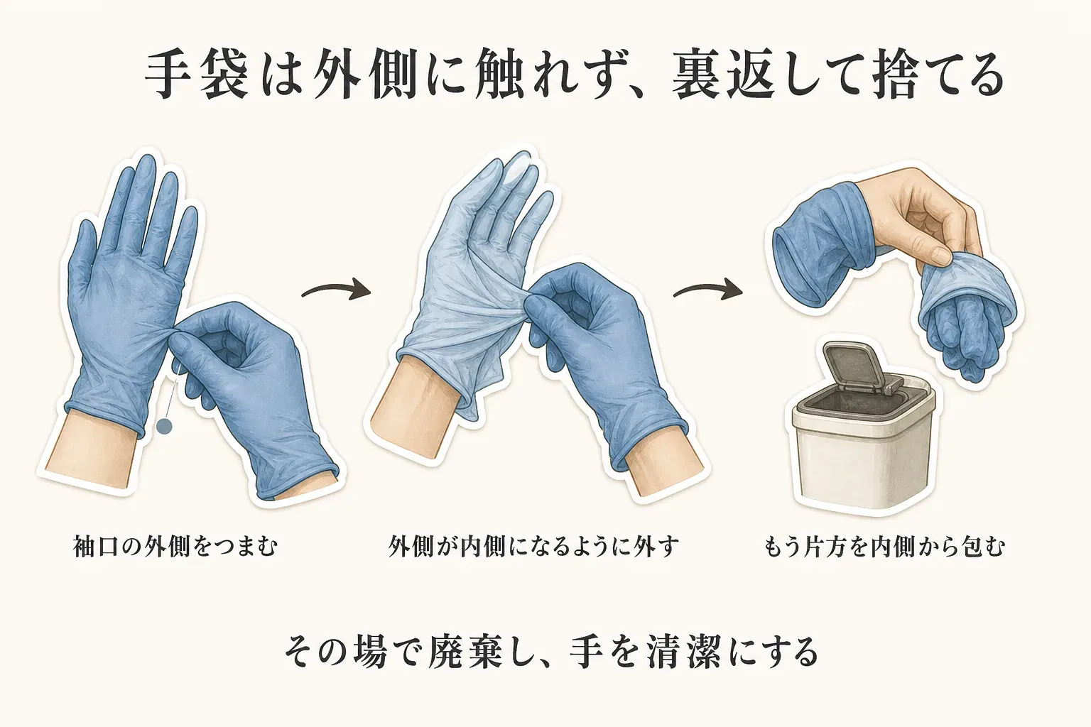 使い捨て手袋を汚れた外側に素手で触れずに外して廃棄する手順を示す図。片方の袖口の外側をつまんで裏返し、外した手袋をもう片方の手で握り、素手の指を残った手袋の袖口内側へ入れて包むように外し、その場で捨てて手を清潔にする流れ。出典：厚生労働省研究班資料「図8. 手袋の外し方」。