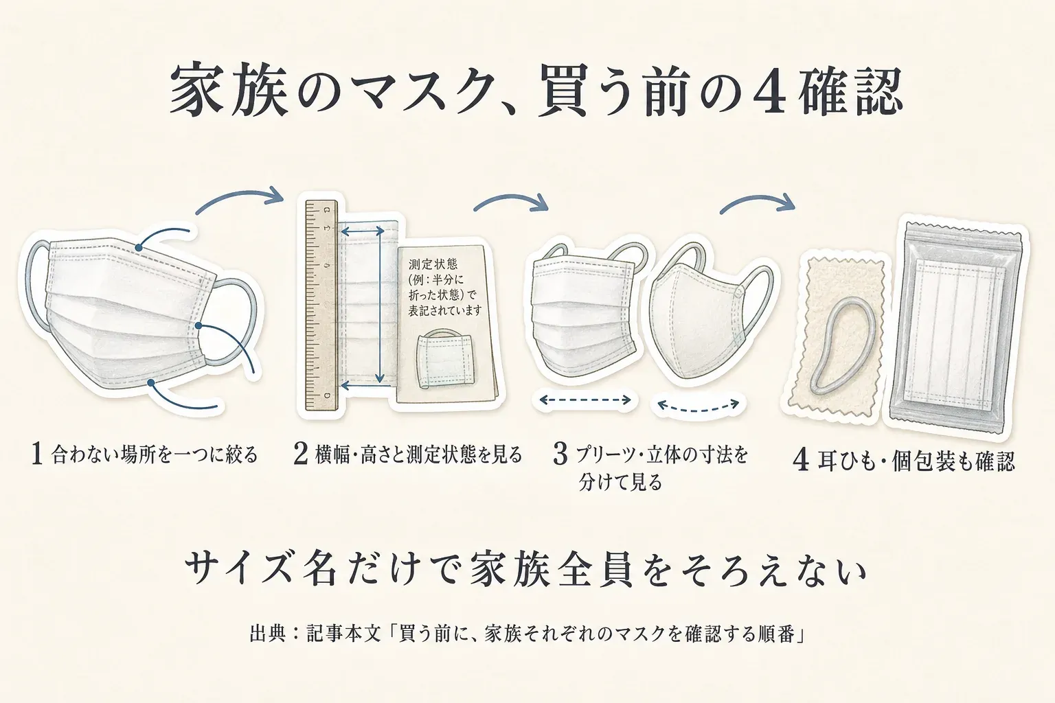 家族のマスクを買う前の4つの確認点を示す図。合わない場所を一つに絞る、横幅・高さと測定状態を見る、プリーツと立体の寸法を分けて見る、耳ひもと個包装も確認する流れを、マスク・定規・包装のイラストで示す。出典：記事本文「買う前に、家族それぞれのマスクを確認する順番」