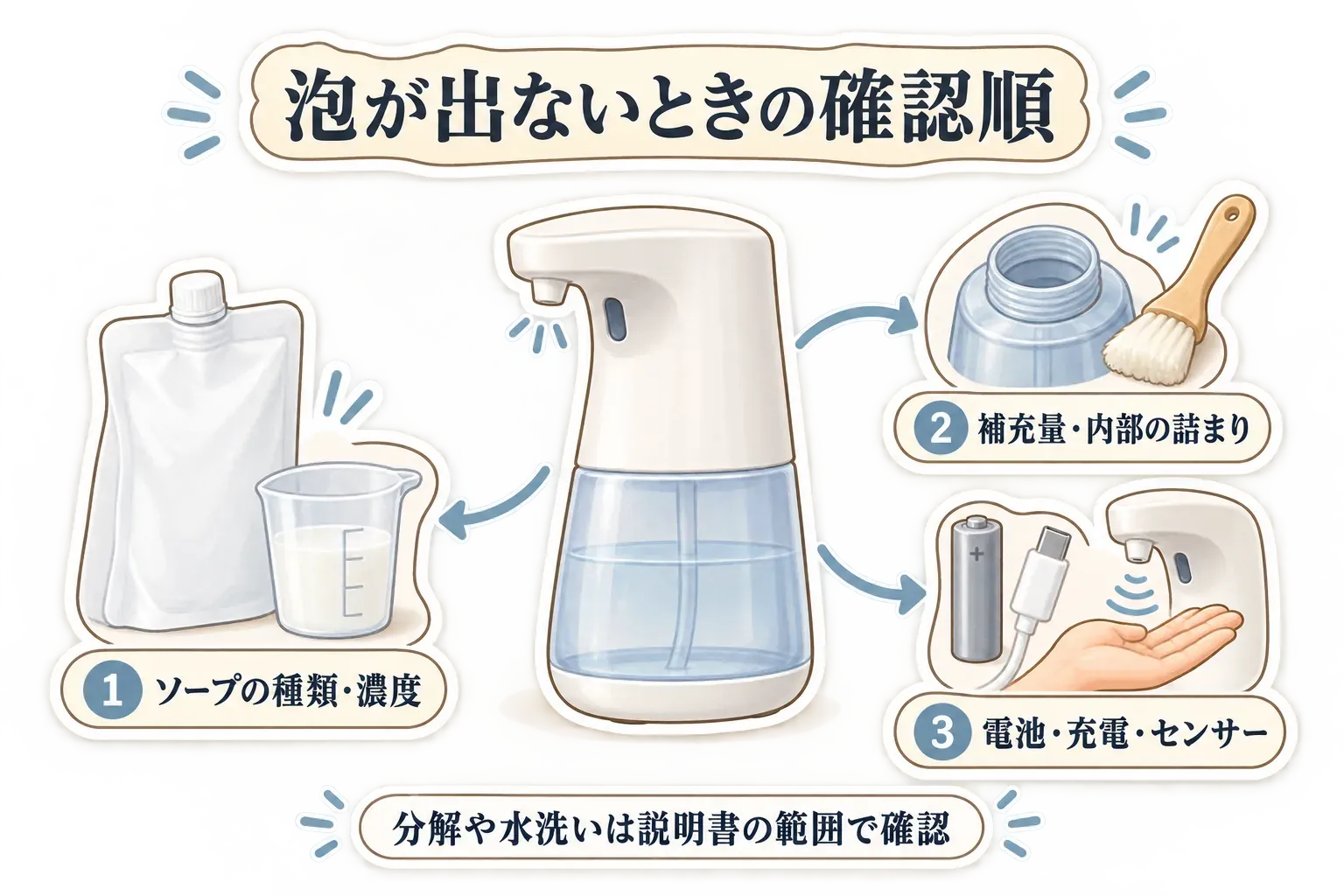 泡ハンドソープディスペンサーから泡が出ないときの確認順を示す図。1番目にソープの種類と濃度、2番目に補充量と内部の詰まり、3番目に電池・充電・センサーを確認し、分解や水洗いは説明書の範囲で行うことを、詰め替えパウチ、計量カップ、補充口を洗うブラシ、乾電池、充電ケーブル、手をかざすセンサーのイラストで表現。出典：記事本文