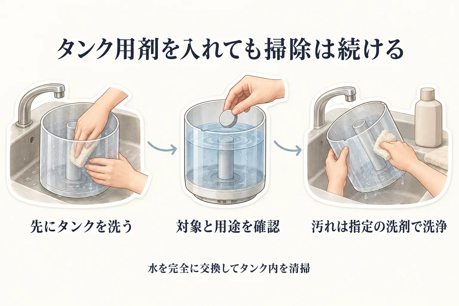 タンク用剤を入れても掃除を続ける手順の図。先にタンクを洗い、タンク用剤の対象と用途を確認し、汚れは指定の洗剤で洗浄する流れと、水を完全に交換してタンク内を清掃することを示す。出典：記事本文「タンク用除菌剤を入れたら、タンク掃除は不要？」および厚生労働省の指針