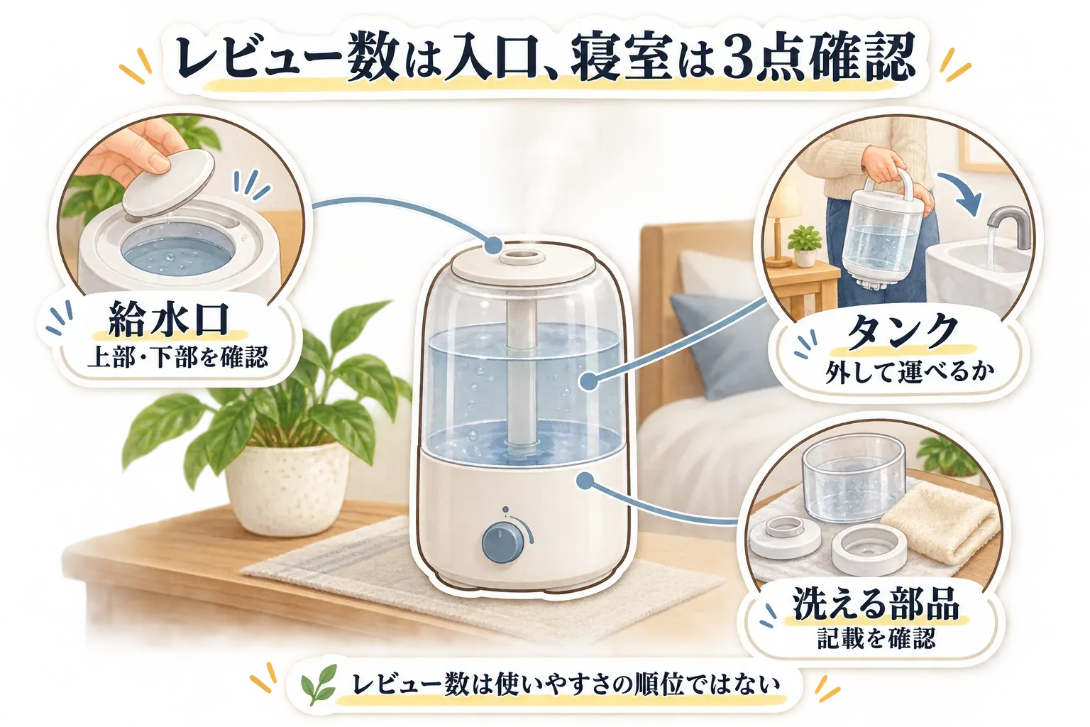 レビュー数は候補を絞る入口であり使いやすさの順位ではないこと、寝室用加湿器は給水口が上部か下部か、タンクを外して運べるか、洗える部品の記載があるかの3点を確認する図。