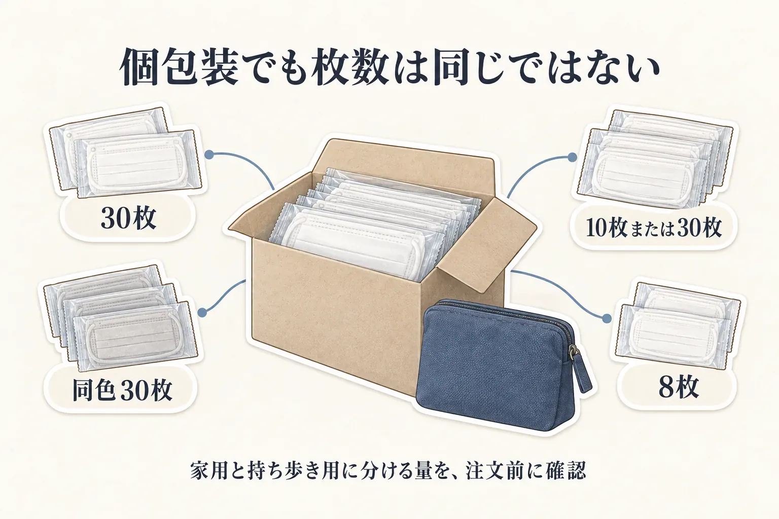 個包装マスクでも枚数が同じではないことを示す図。4商品のセット内容を30枚、10枚または30枚、同色30枚、8枚と個包装マスクと箱・持ち歩き用ポーチで示し、家用と持ち歩き用に分ける量を注文前に確認するよう案内している。出典：記事本文の商品説明