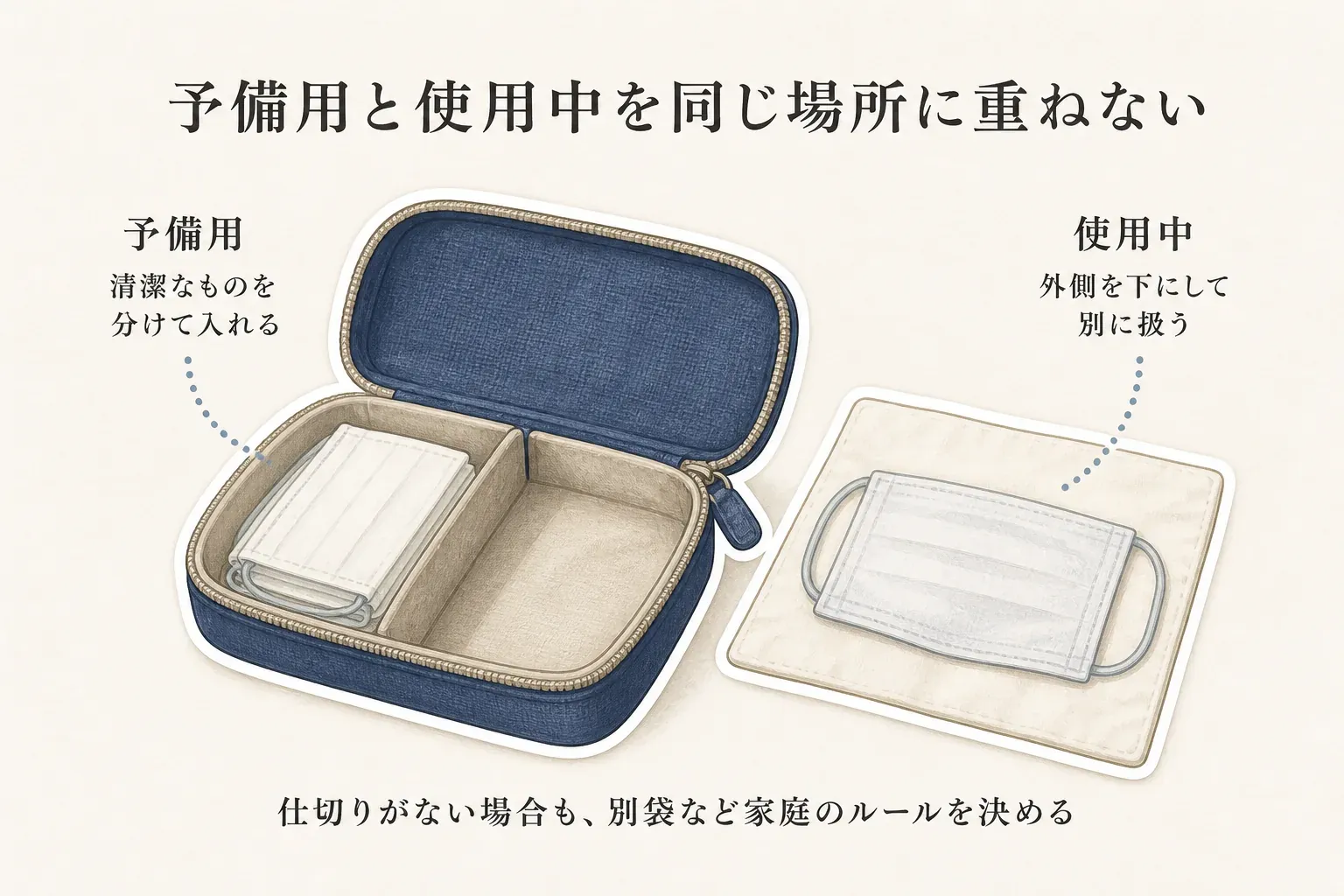 予備用と使用中のマスクを同じ場所に重ねないための分け方を示す図。清潔な予備用マスクはケースの一方に分けて入れ、使用中のマスクは外側を下にして清潔なティッシュなどの上に置き別に扱う。仕切りがないケースでは別袋など家庭のルールを決めるよう案内している。出典：記事本文、厚生労働省「感染対策普及リーフレット」