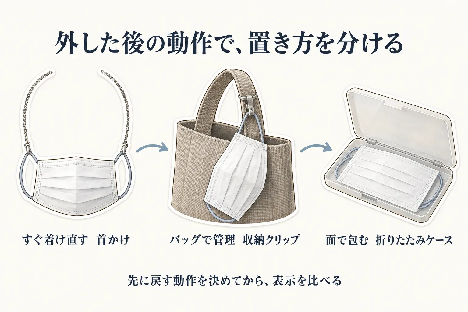 外したマスクを戻す動作別に、すぐ着け直す首かけ、バッグで管理する収納クリップ、面で包む折りたたみケースを並べた図。表示を比べる前に戻し方を決めることを示す。出典：記事本文