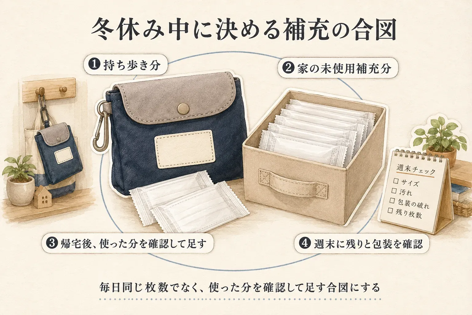 冬休み中に決める予備マスクの補充の合図を示す図。通学バッグに付けた持ち歩き分、家で保管する未使用の補充分、帰宅後に使った分を確認して足すこと、週末にサイズ・汚れ・包装の破れ・残り枚数を確認する流れを循環する矢印で示す。出典：記事本文「冬休み中に決める、予備マスクの補充ルール」