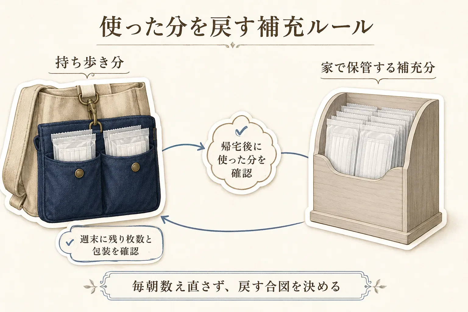 使った分を戻す予備マスクの補充ルールを示す図。通学バッグの持ち歩き分と家で保管する補充分の間で、帰宅後に使用分を確認し、週末に残り枚数と包装を確認する合図を矢印で示し、毎朝数え直さずに補充することを案内している。出典：記事本文「冬休み中に決める、予備マスクの補充ルール」