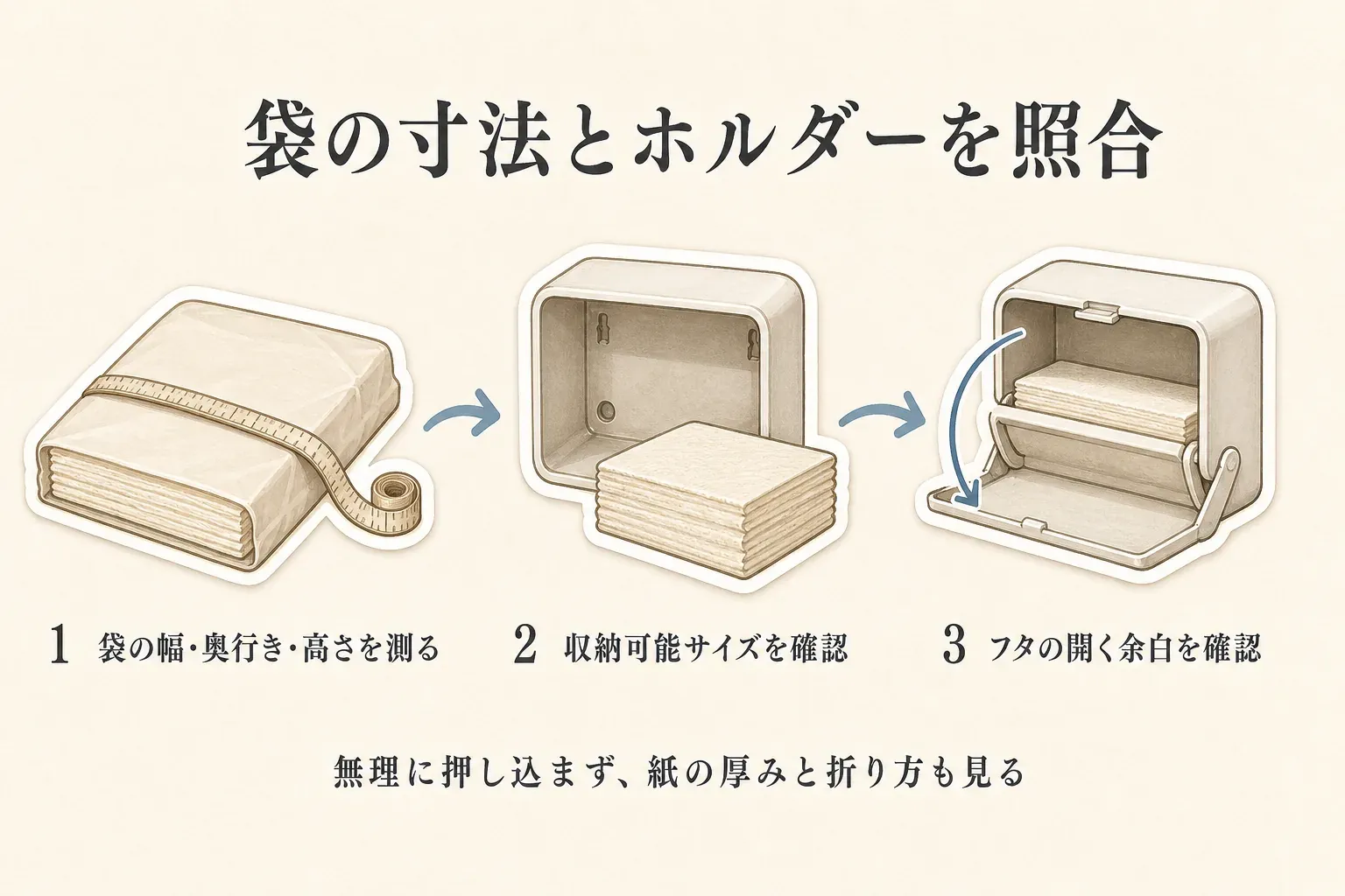 ペーパータオルの袋とホルダーを照合する図。1. 袋の幅・奥行き・高さを測る、2. ホルダーの収納可能サイズを確認する、3. フタを開く余白を確認する順番と、無理に押し込まず紙の厚みや折り方も見ることを、袋、巻尺、ホルダー、開いたフタのイラストで示す。出典：記事本文「ホルダーの寸法を、紙タオルの袋と照合する順番」