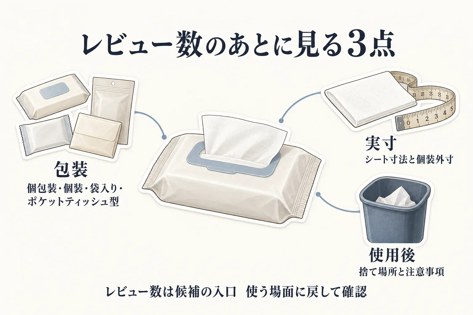 レビュー数のあとに確認する3点を示す図。包装は個包装・個装・袋入り・ポケットティッシュ型、実寸はシート寸法と個装外寸、使用後は捨て場所と注意事項を確認し、使う場面に戻って選ぶよう案内している。出典：記事本文の商品説明