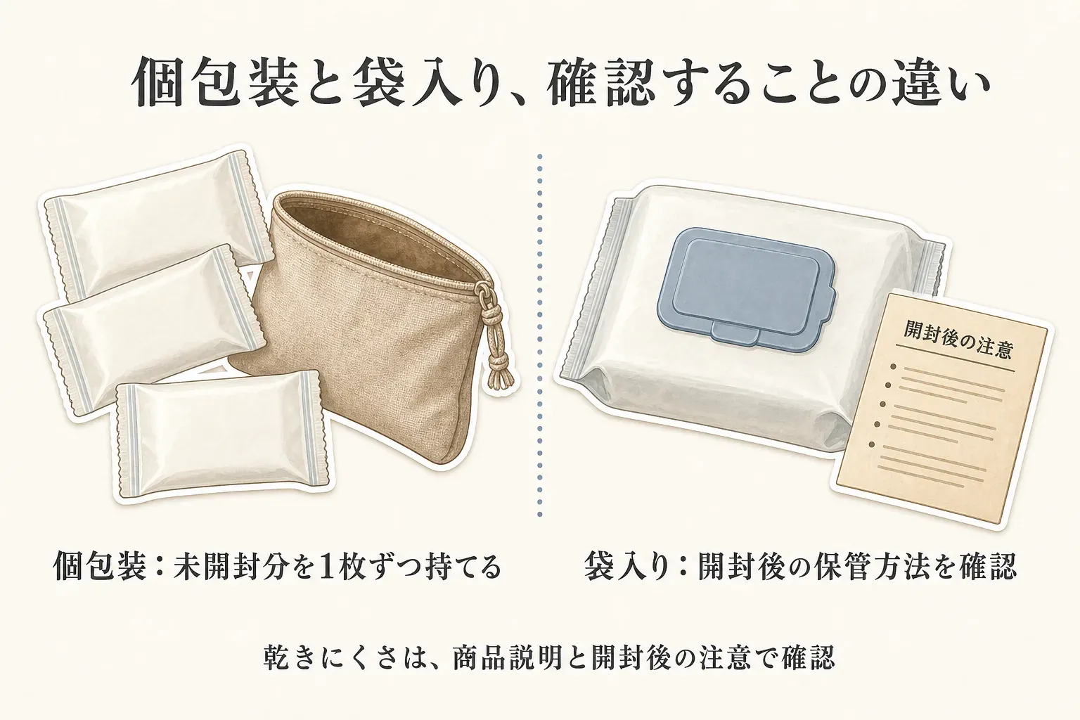 個包装は未開封分を1枚ずつポーチへ入れて持ち歩けること、袋入りは開封後の保管方法を確認することを対比した図。乾きにくさは商品説明と開封後の注意で確認するよう示している。
