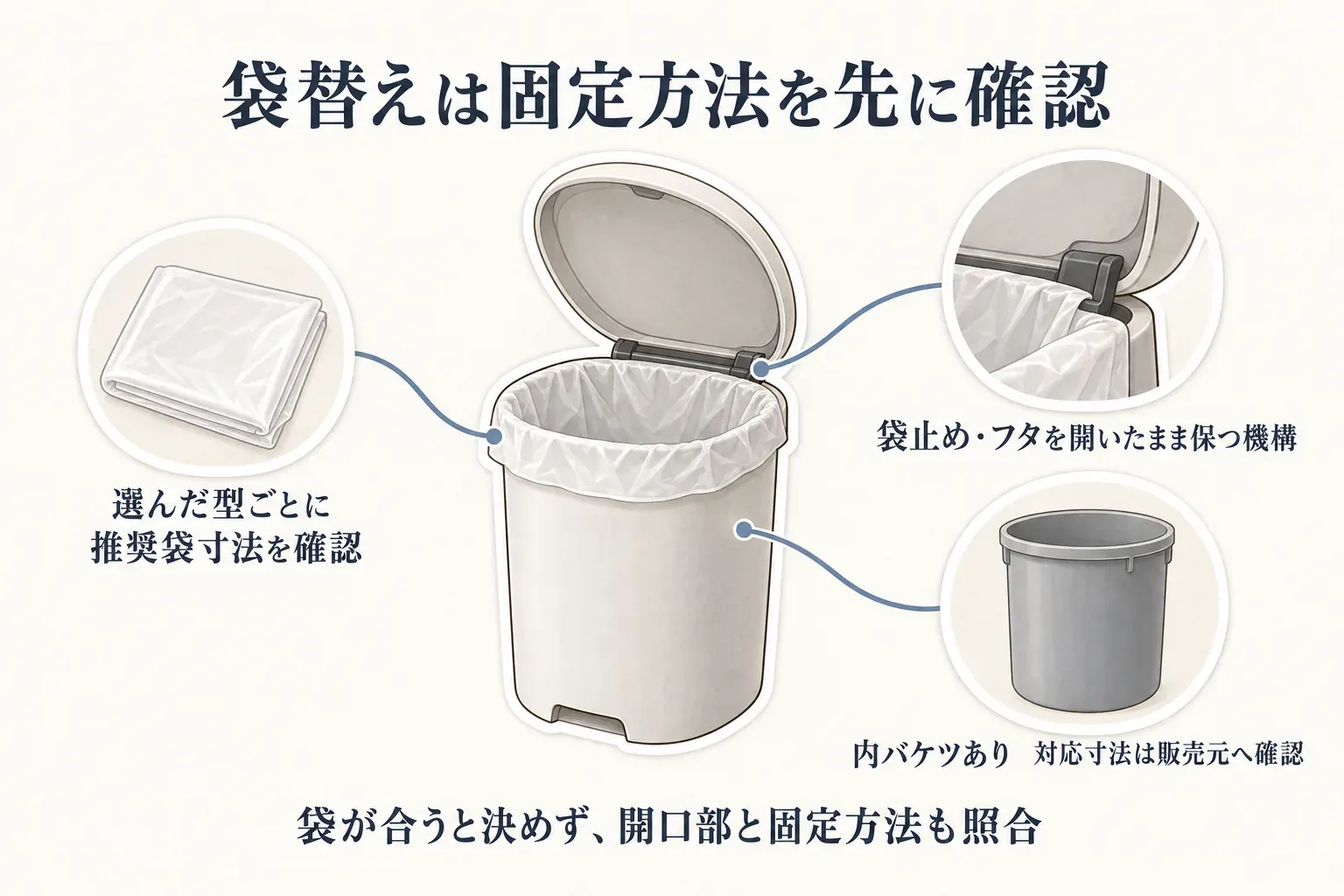 洗面所用ゴミ箱の袋替えで確認する点を示す図。選んだ型ごとの推奨袋寸法、袋止めとフタを開いたまま保つ機構、内バケツの有無、開口部と固定方法を照合し、対応寸法が不明なら販売元へ確認することを案内している。出典：記事本文の商品説明