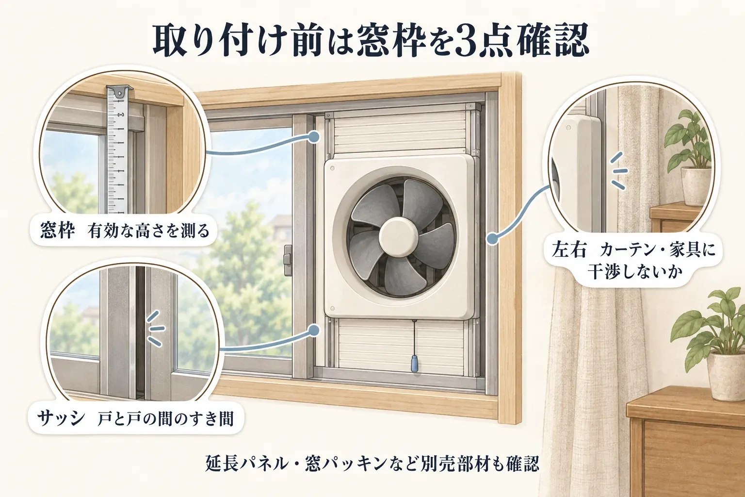 窓用換気扇を選ぶ前に窓枠の有効な高さ、サッシの戸と戸のすき間、左右どちらへ取り付けるか、カーテンや家具との干渉、延長パネルや窓パッキンの要否を確認する図。出典：記事本文の商品説明