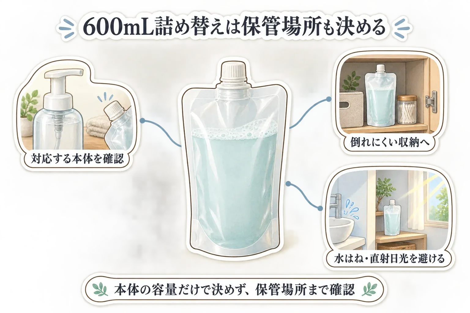 600mLの泡ハンドソープ詰め替えの保管確認を示す図。対応する本体を確認し、詰め替えを倒れにくい収納へ置き、洗面所の水はねと直射日光を避けて保管することを示している。出典：記事本文
