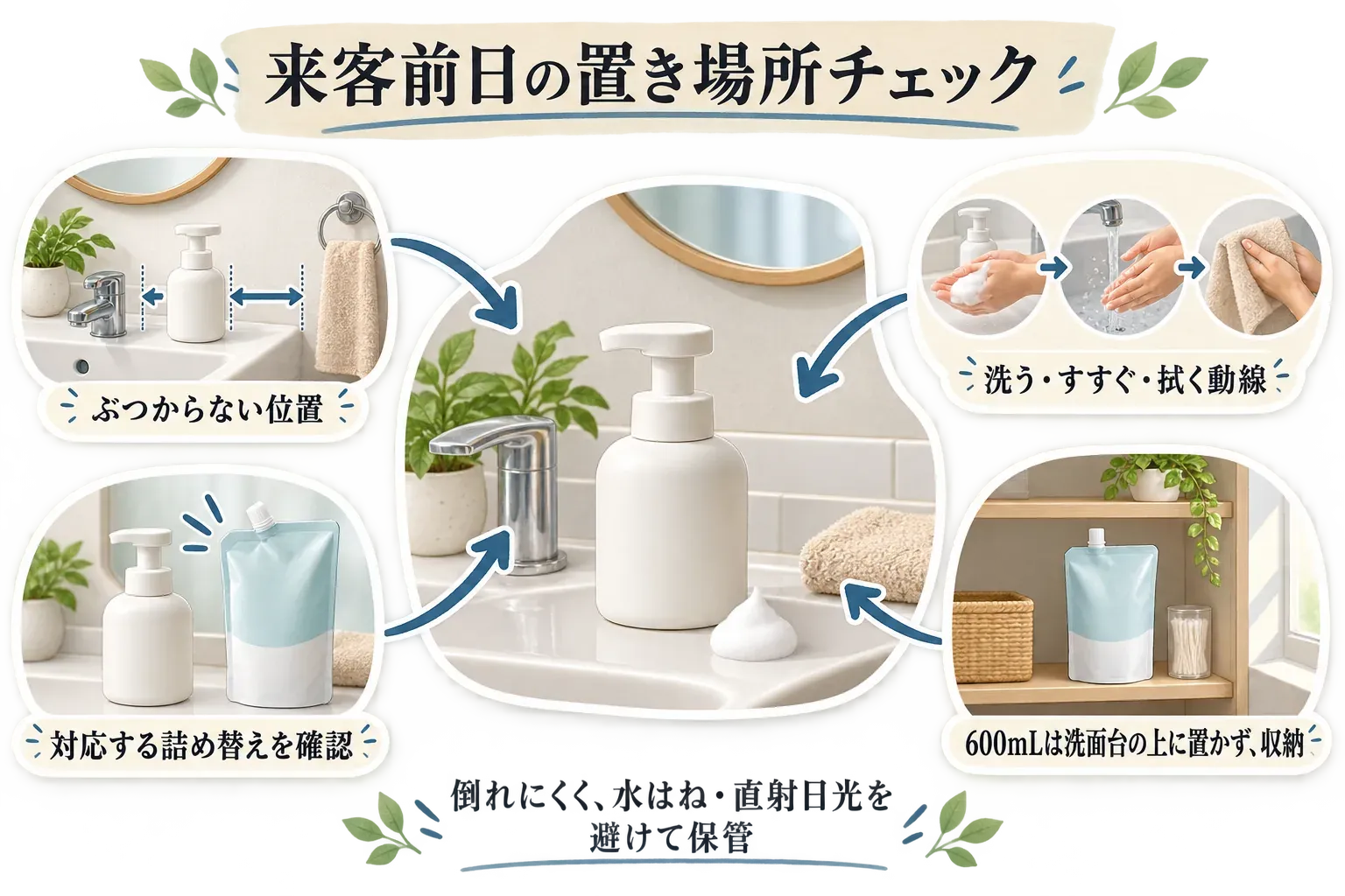 来客前日の泡ハンドソープ置き場所チェックを示す図。蛇口やタオルとぶつからない本体の位置、泡で洗って流水ですすぎタオルで拭く動線、対応する詰め替えの確認、600mLの詰め替えを洗面台の上ではなく倒れにくく水はねと直射日光を避けられる収納へ保管することを示している。出典：記事本文