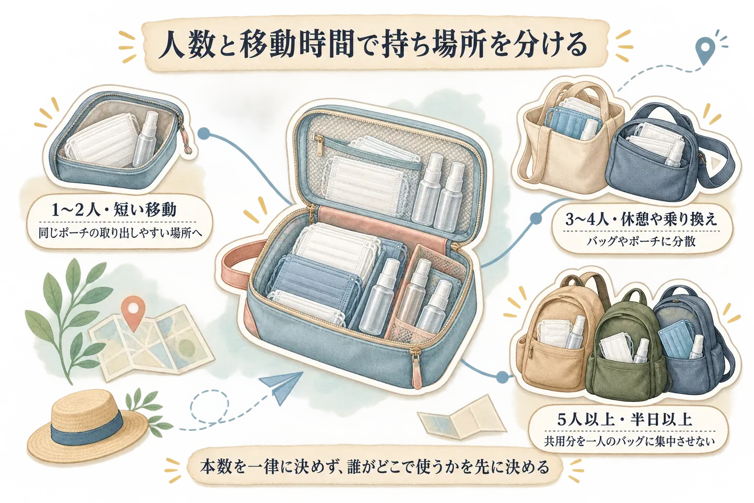 帰省時の衛生用品の持ち場所を、家族の人数と移動時間で分ける図。1〜2人の短い移動では予備マスクと手指衛生用品を同じポーチの取り出しやすい場所へ、3〜4人で休憩や乗り換えがある移動ではバッグやポーチに分散、5人以上で半日以上の移動では共用分を一人のバッグに集中させないよう示す。出典：記事本文「帰省の予備と手指衛生用品は、家族の人数×移動時間でどう分ける？」