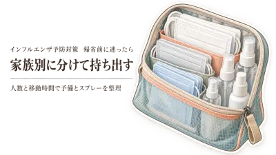 年末年始の帰省に旅行用衛生ポーチをどう作る？家族の人数と移動時間で予備と携帯用手指消毒スプレーを決める